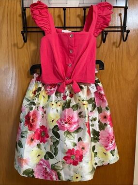 Bonnie Jean Hot Pink Tie-Front Bodice Floral Skirt Dress Size 10 Girls (NWT)